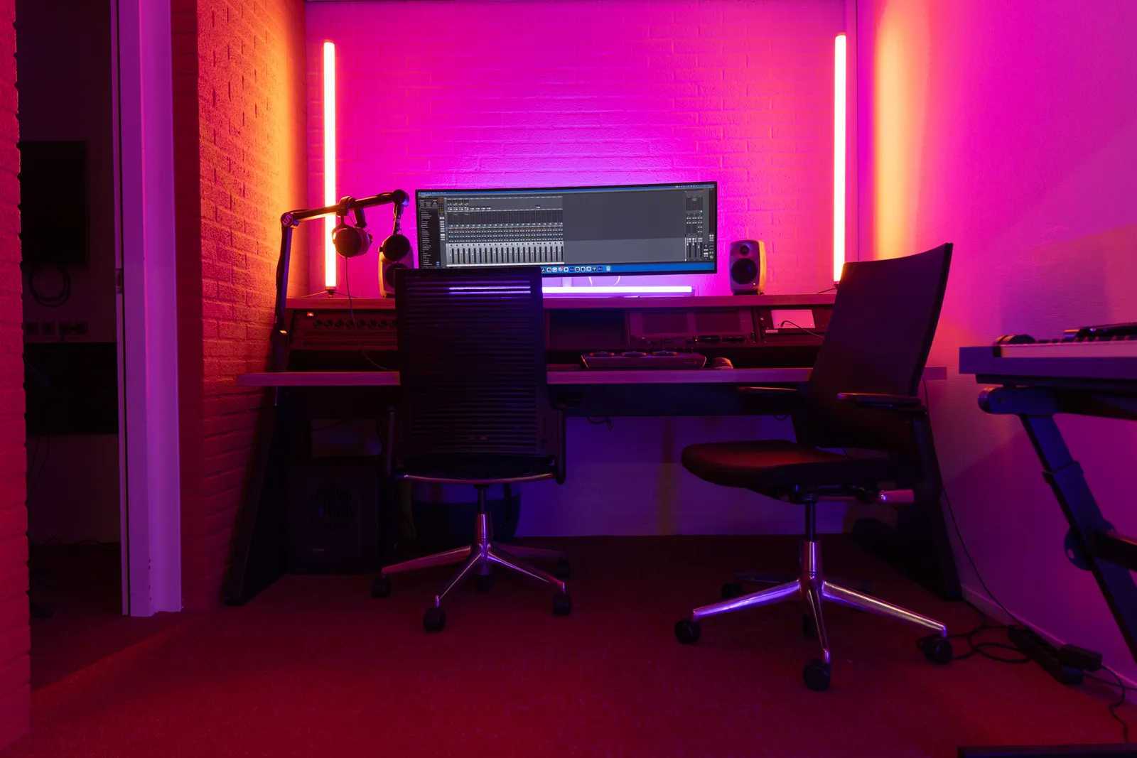 Edit bay workstation, pink lighting