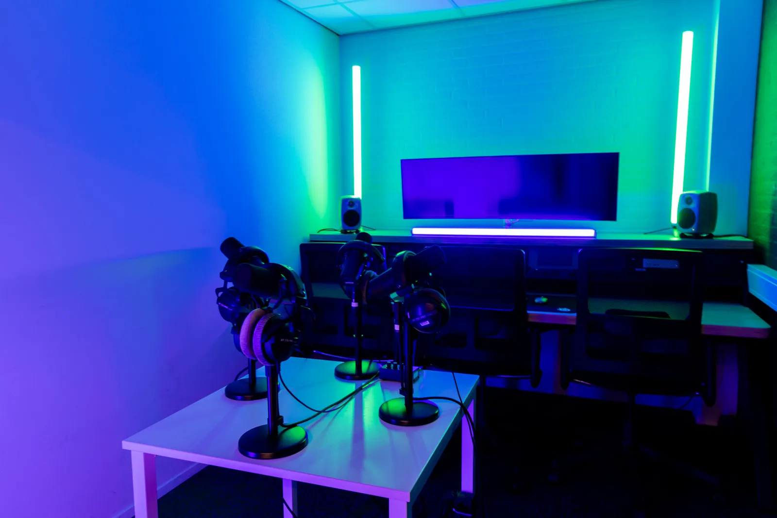 Edit bay desk, purple lighting