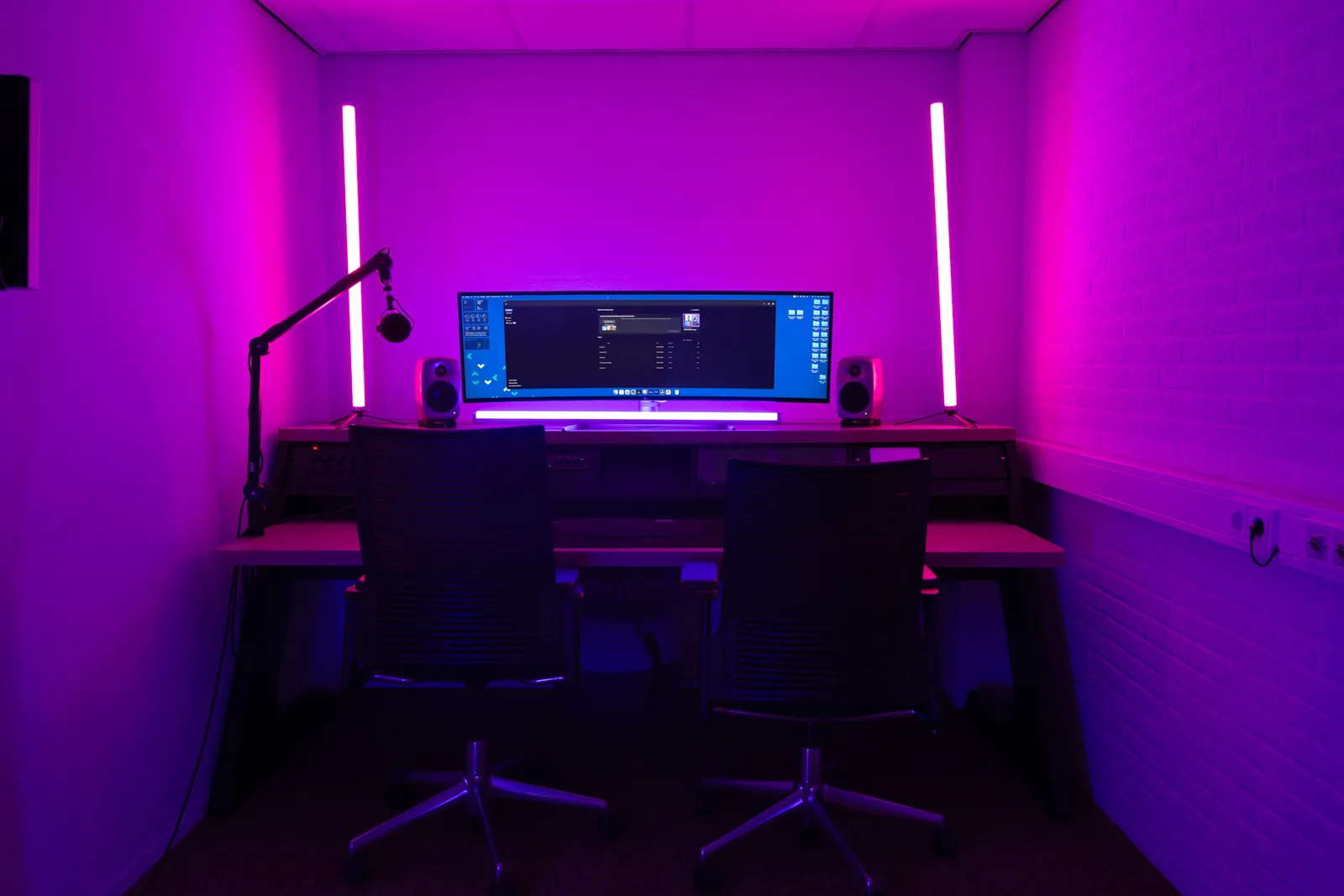 Edit bay workstation, purple ambient lighting