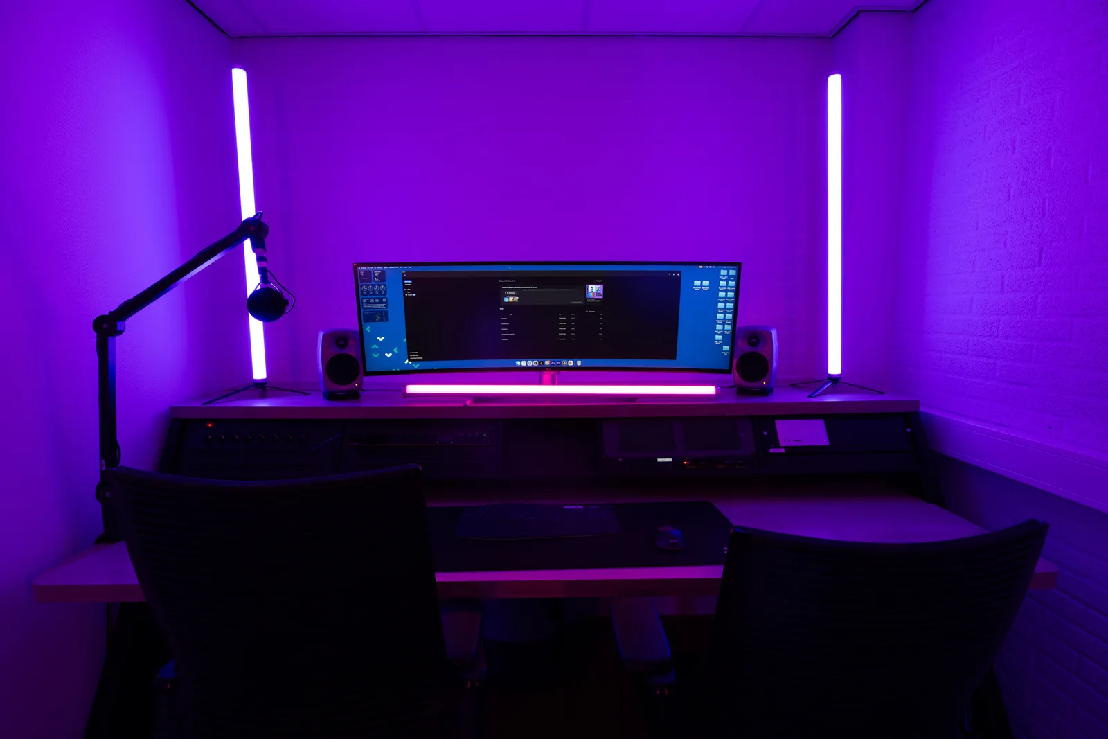 Edit bay desk, purple ambient lighting angle